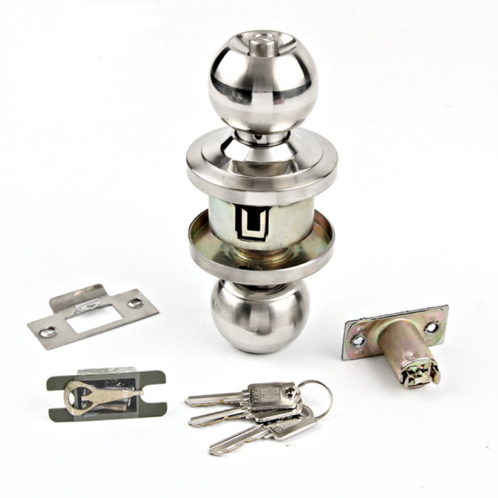 Set complet, 2 manere rotunde cu broasca, buton blocaj, sild, 3 chei si elemente montaj, nichel satin [3]