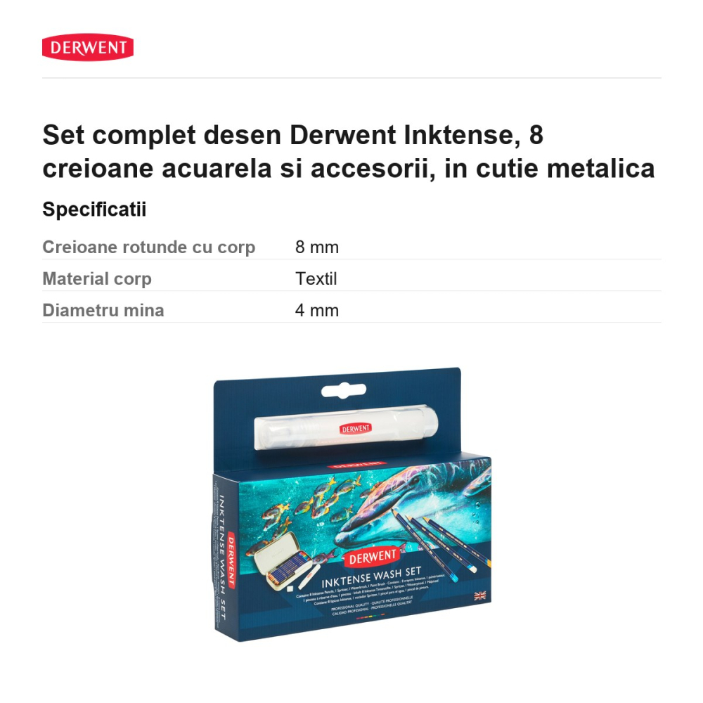 Set complet desen Derwent Inktense, 8 creioane acuarela si accesorii, in cutie metalica [3]