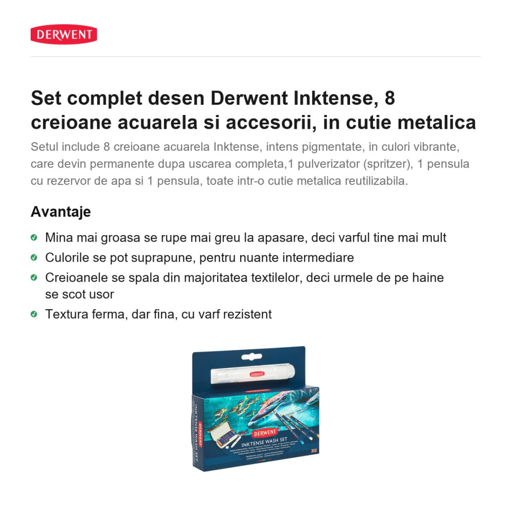 Set complet desen Derwent Inktense, 8 creioane acuarela si accesorii, in cutie metalica [2]