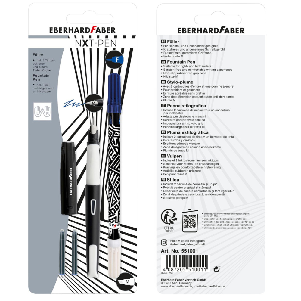 Set Complet Stilou Scolar Eberhard Faber NXT cu 2 Cartuse Cerneala, Stergator (Pic), Penita M, Grip Antiderapant, pentru Dreptaci si Stangaci, Alb cu Negru [5]