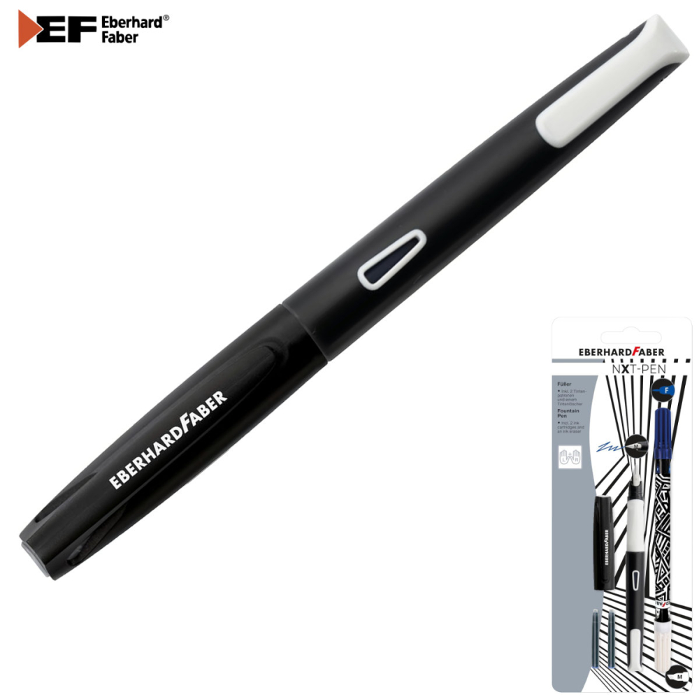 Set Complet Stilou Scolar Eberhard Faber NXT cu 2 Cartuse Cerneala, Stergator (Pic), Penita M, Grip Antiderapant, pentru Dreptaci si Stangaci, Alb cu Negru [3]