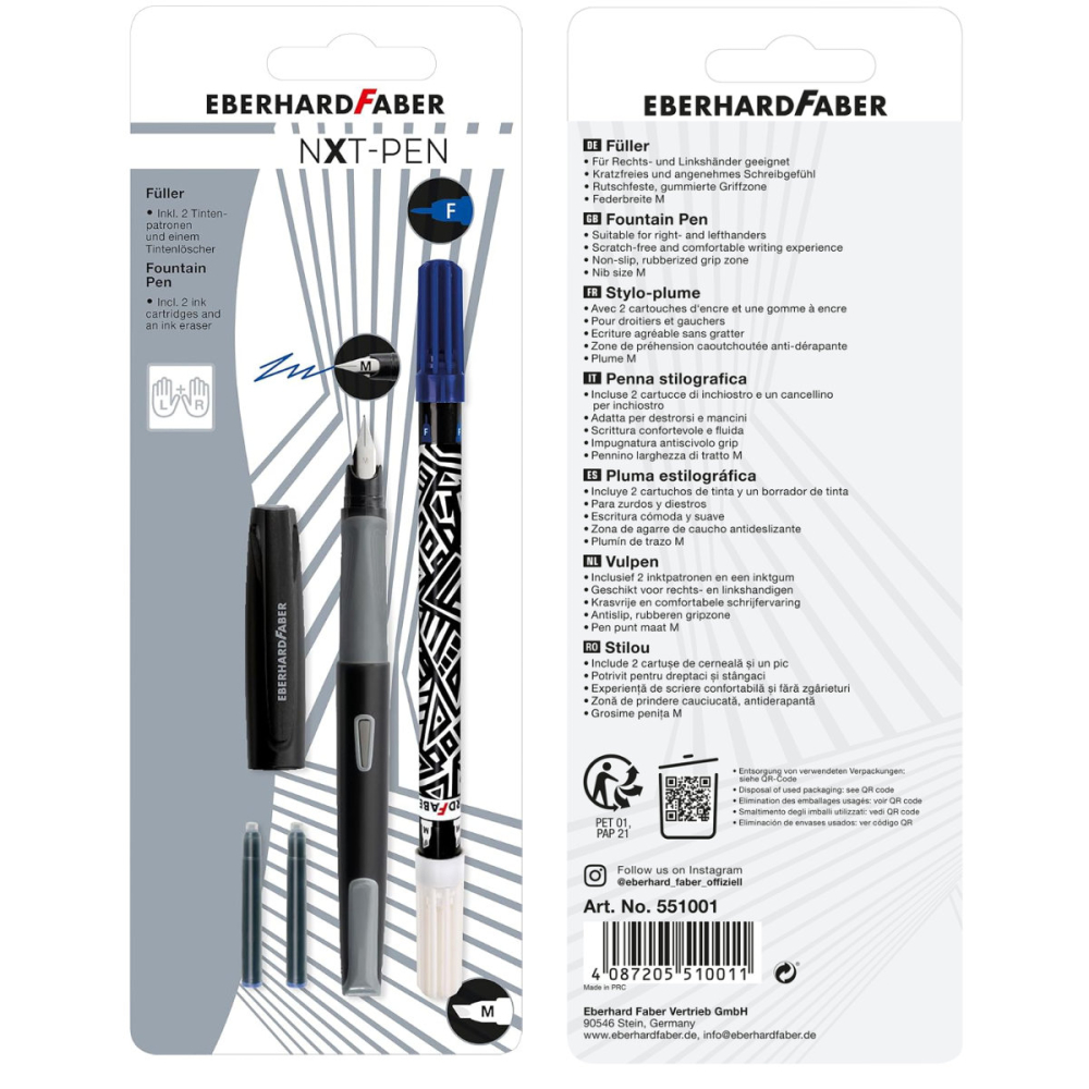 Set Complet Stilou Scolar Eberhard Faber NXT Gri-Negru, 2 Cartuse Cerneala, Stergator (Pic) - Penita M, Grip Antiderapant, pentru Dreptaci si Stangaci [5]