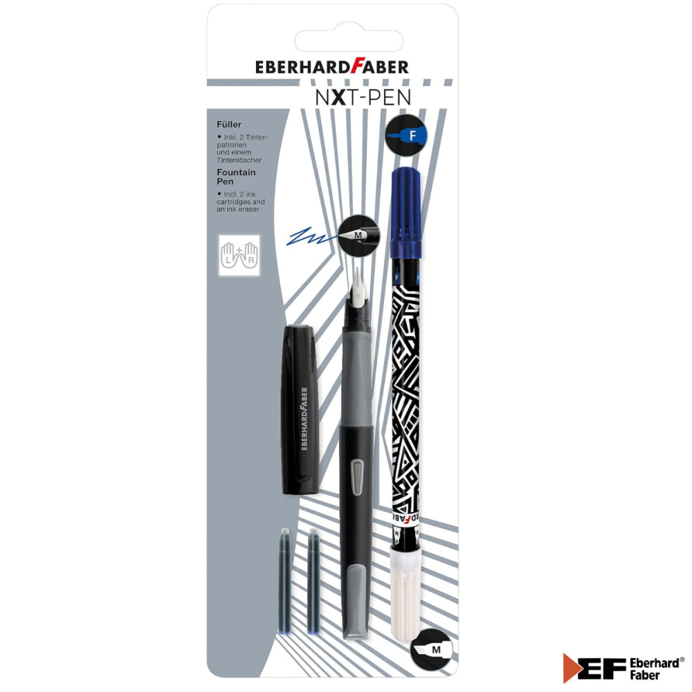 Set Complet Stilou Scolar Eberhard Faber NXT Gri-Negru, 2 Cartuse Cerneala, Stergator (Pic) - Penita M, Grip Antiderapant, pentru Dreptaci si Stangaci [2]