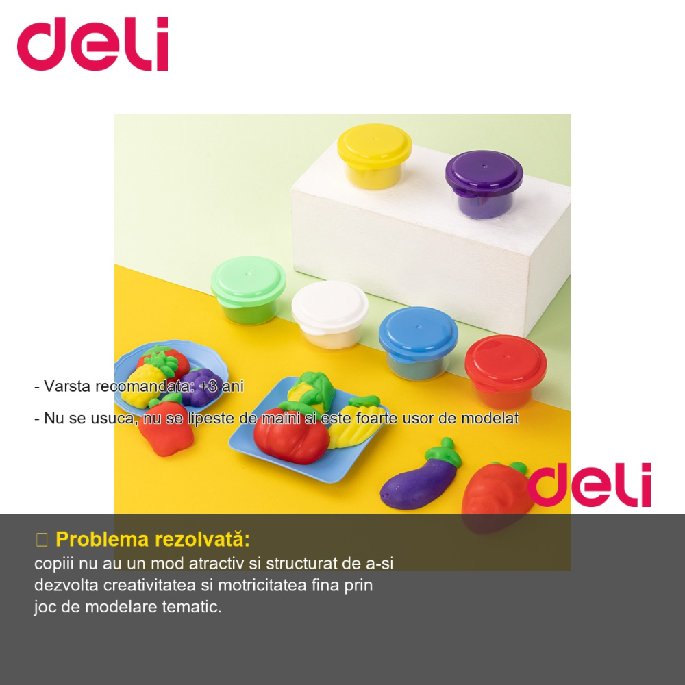 Set creativ plastilina Deli Pizza, Pasta and Veggie Party, 6 culori si 14 accesorii, pentru copii +3 ani [2]