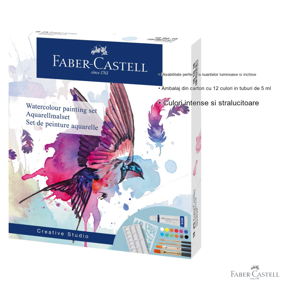 Set creativ tempera Faber-Castell, 18 piese, 12 culori x 5 ml cu pensule si sablon, pentru copii [3]