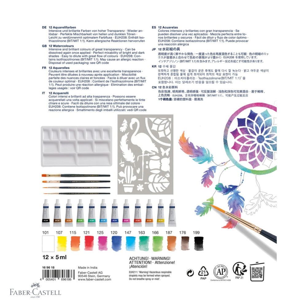 Set creativ tempera Faber-Castell, 18 piese, 12 culori x 5 ml cu pensule si sablon, pentru copii [4]