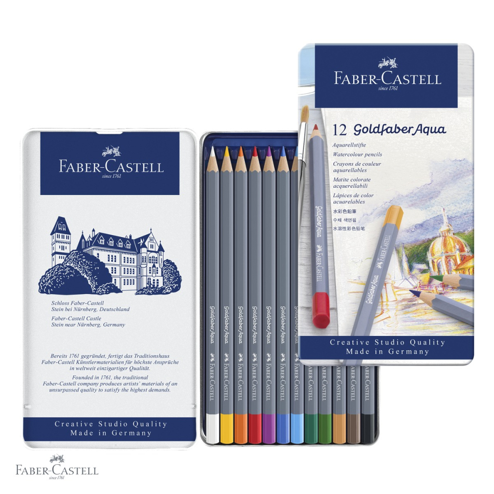 Set creioane colorate acuarela Faber-Castell Goldfaber Aqua, 12 culori, cutie metal, pentru tehnici mixte [4]