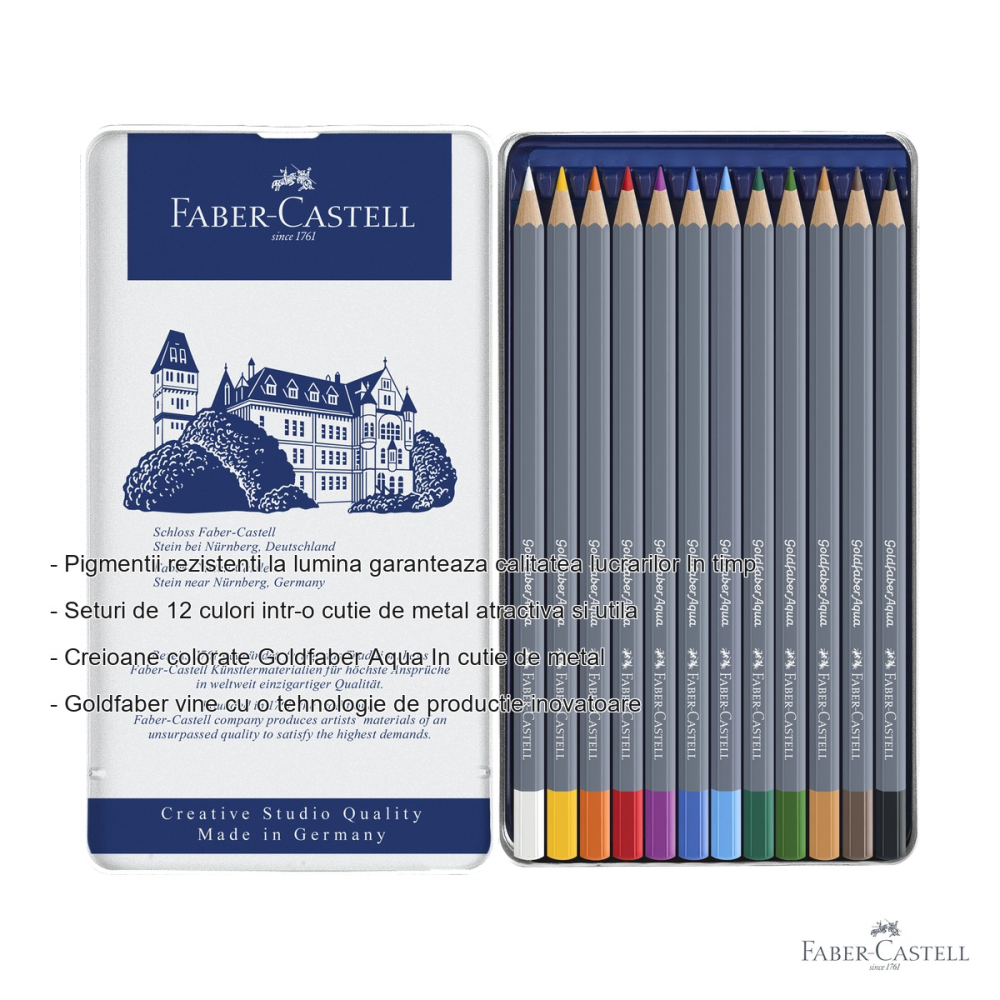 Set creioane colorate acuarela Faber-Castell Goldfaber Aqua, 12 culori, cutie metal, pentru tehnici mixte [2]