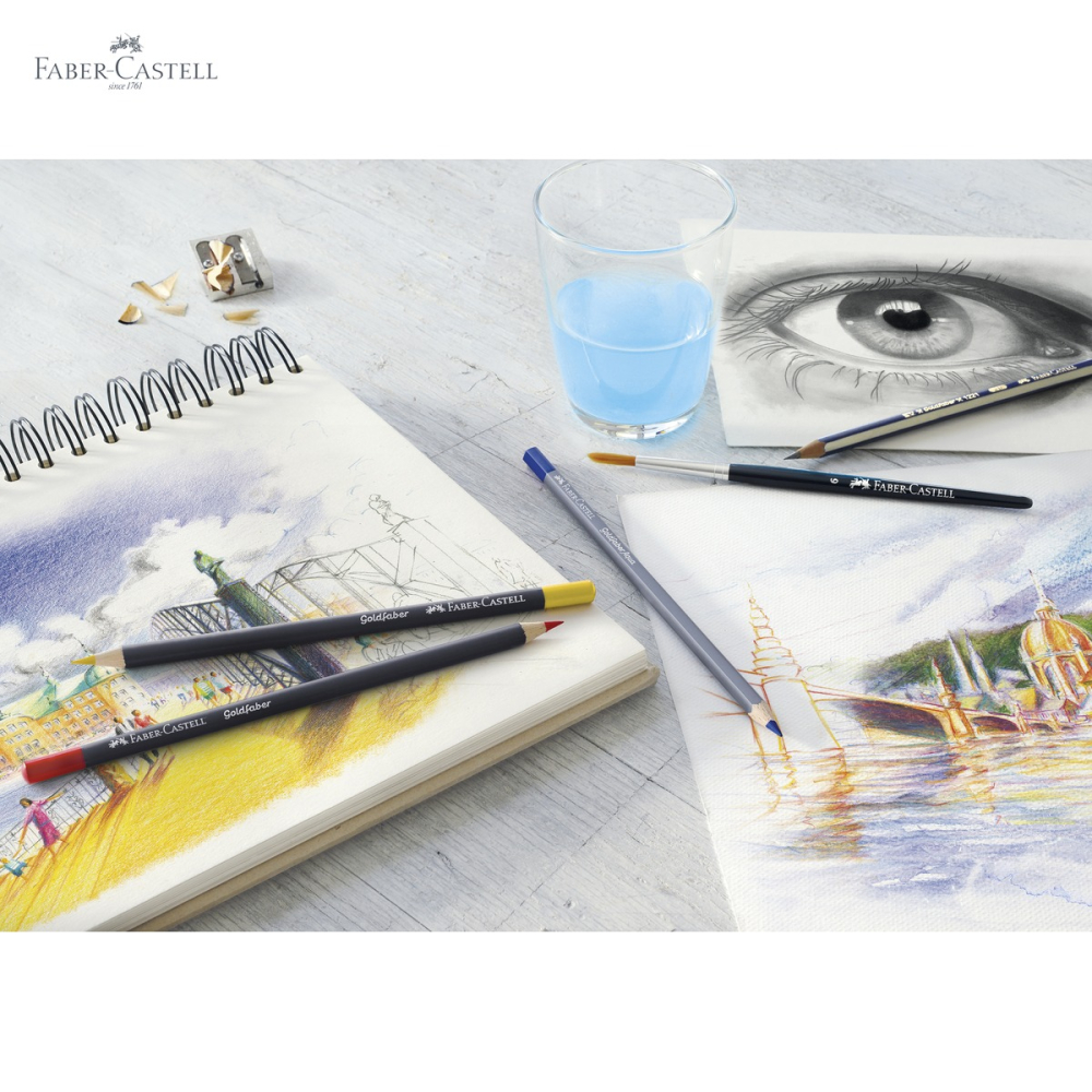 Set creioane colorate acuarela Faber-Castell Goldfaber Aqua, 12 culori, cutie metal, pentru tehnici mixte [5]