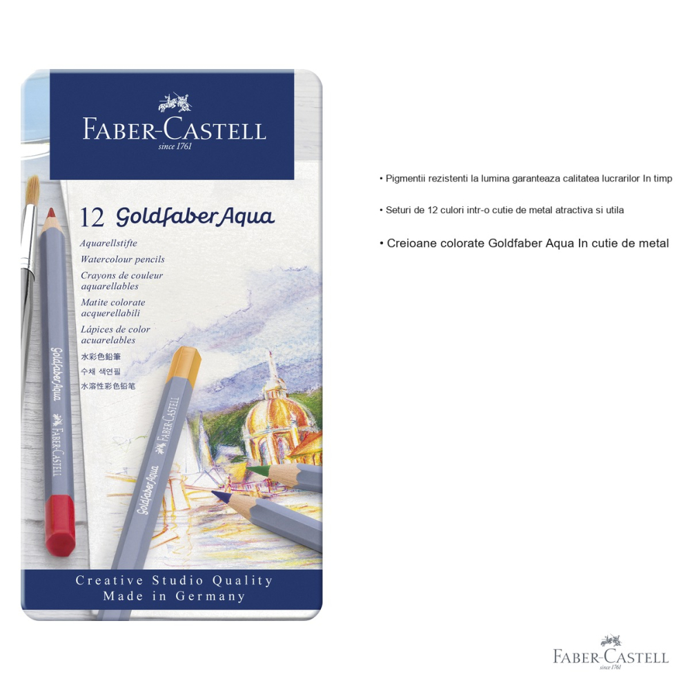 Set creioane colorate acuarela Faber-Castell Goldfaber Aqua, 12 culori, cutie metal, pentru tehnici mixte [3]