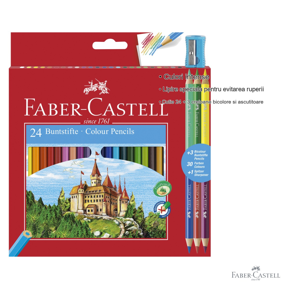 Set creioane colorate Faber-Castell, 24 culori + 3 bicolore + ascutitoare, pentru scoala si desen creativ [3]