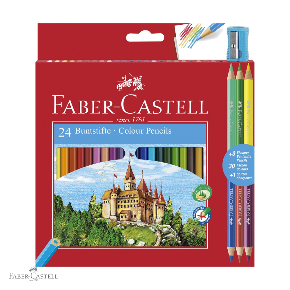 Set creioane colorate Faber-Castell, 24 culori + 3 bicolore + ascutitoare, pentru scoala si desen creativ [1]