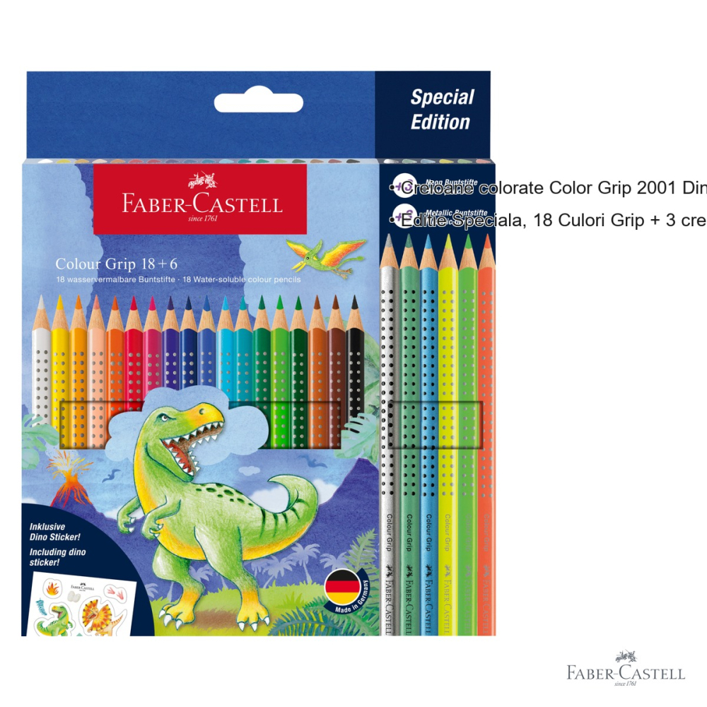 Set creioane colorate Faber-Castell Color Grip 2001 Dinozauri 18+6 culori, editie speciala cu neon si metalice, pentru copii [3]