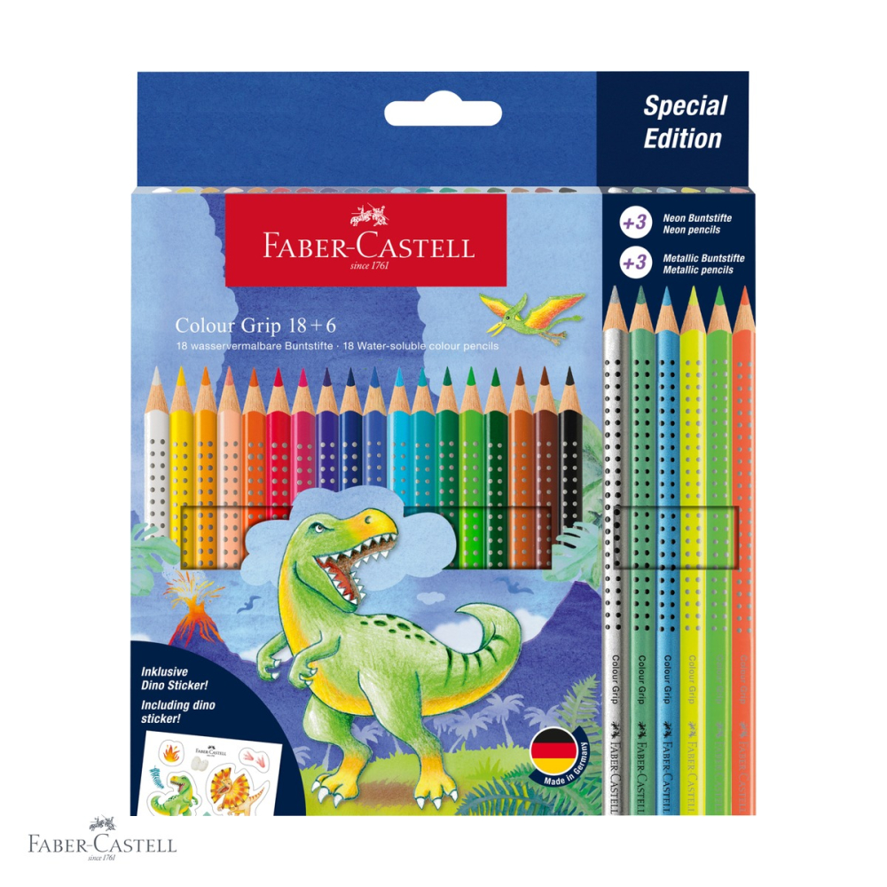 Set creioane colorate Faber-Castell Color Grip 2001 Dinozauri 18+6 culori, editie speciala cu neon si metalice, pentru copii [1]