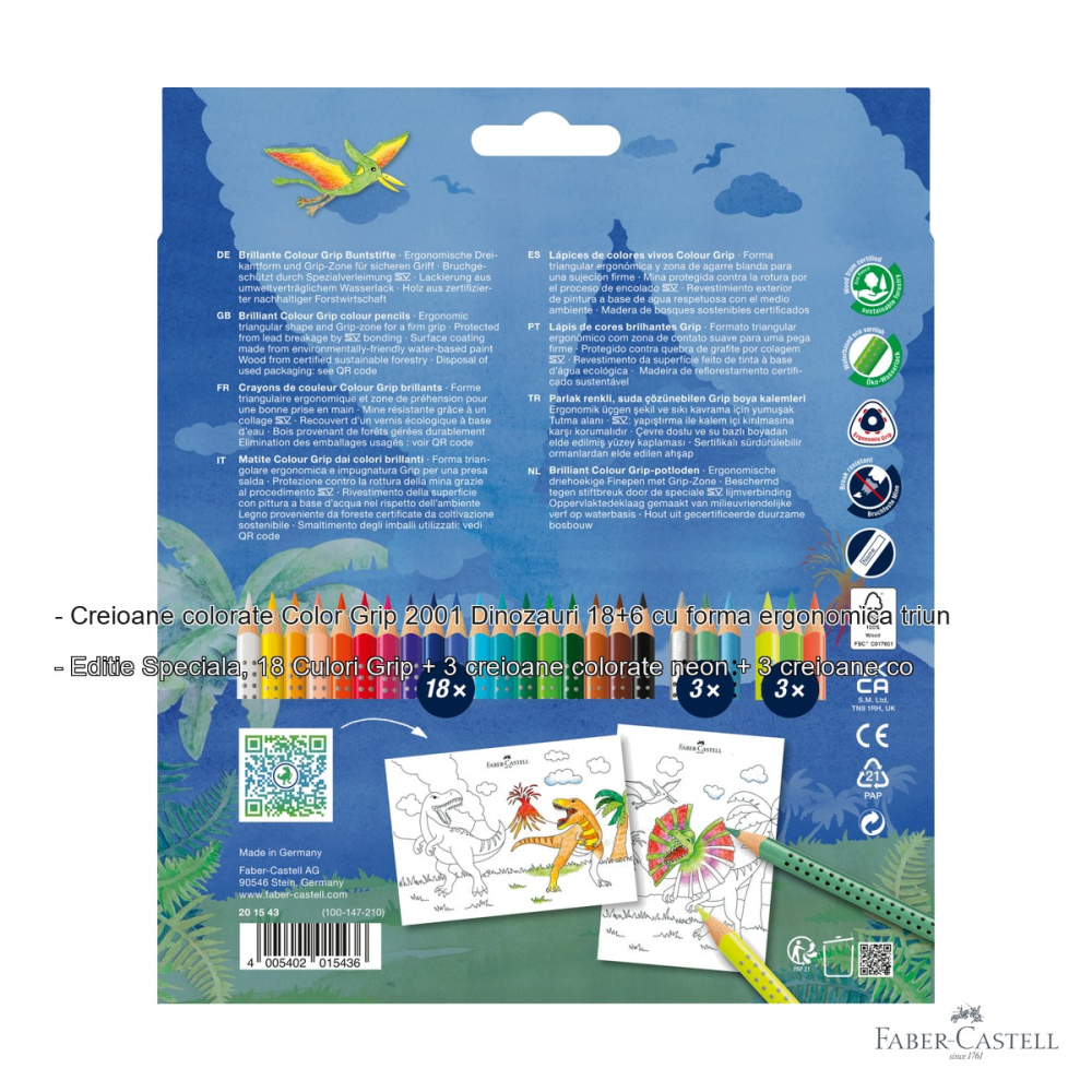 Set creioane colorate Faber-Castell Color Grip 2001 Dinozauri 18+6 culori, editie speciala cu neon si metalice, pentru copii [2]
