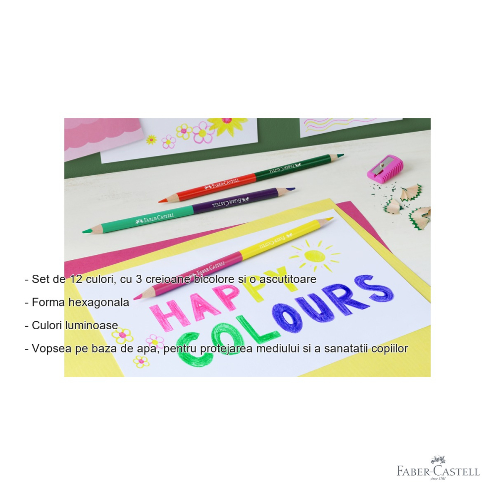 Set creioane colorate Faber-Castell Eco, 12+3 culori bicolore cu ascutitoare, pentru copii [2]