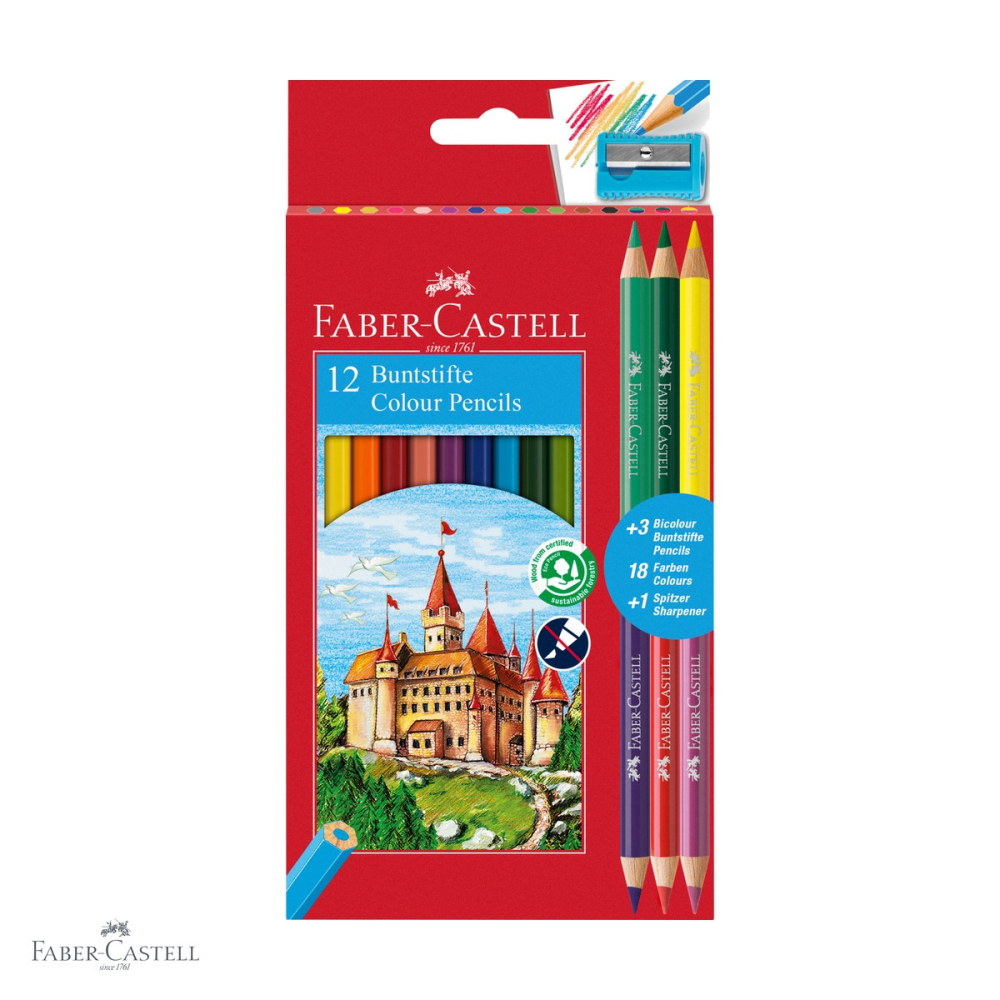 Set creioane colorate Faber-Castell Eco, 12+3 culori bicolore cu ascutitoare, pentru copii [1]