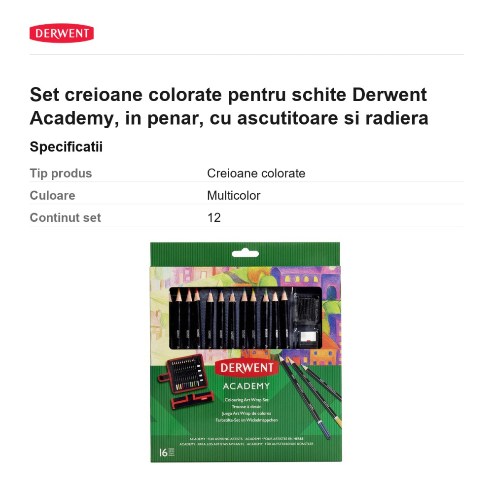 Set creioane colorate pentru schite Derwent Academy, in penar, cu ascutitoare si radiera [3]
