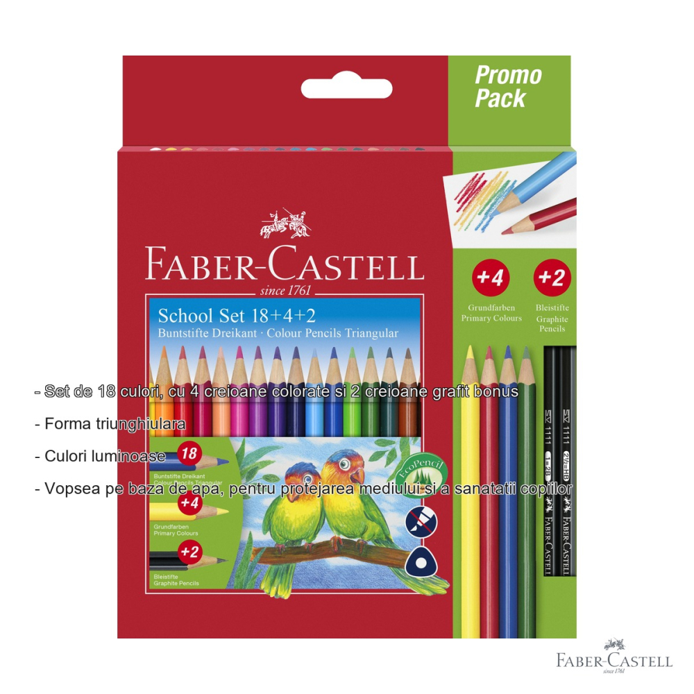 Set creioane colorate triunghiulare Faber-Castell, 18 culori + 4 bonus + 2 creioane grafit, pentru copii [2]
