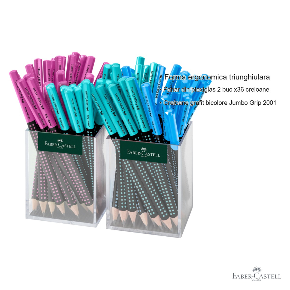 Set creioane grafit Jumbo Grip Two-Tone Faber-Castell, mina B, forma triunghiulara ergonomica, pahar plexiglas 2x36 buc [3]