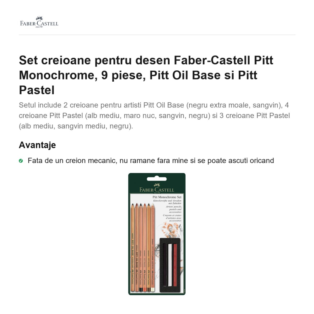 Set creioane pentru desen Faber-Castell Pitt Monochrome, 9 piese, Pitt Oil Base si Pitt Pastel [2]