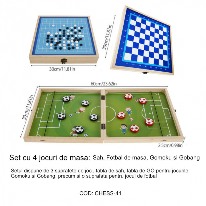 Set cu 4 jocuri, Sah, Fotbal, Gomoku si Gobang, cu suprafata de 30 x 30 cm, in cutie [6]