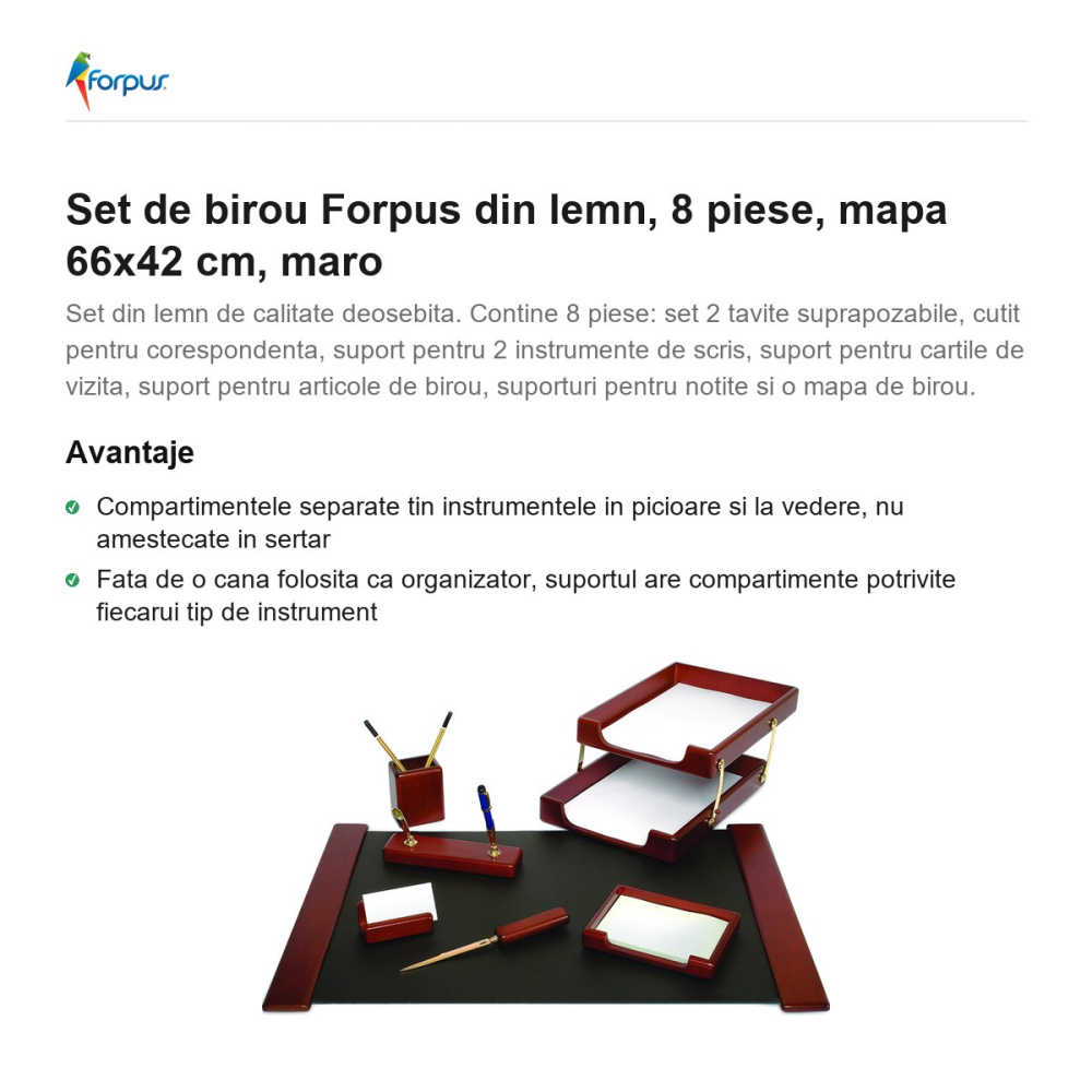 Set de birou Forpus din lemn, 8 piese, mapa 66x42 cm, maro [2]