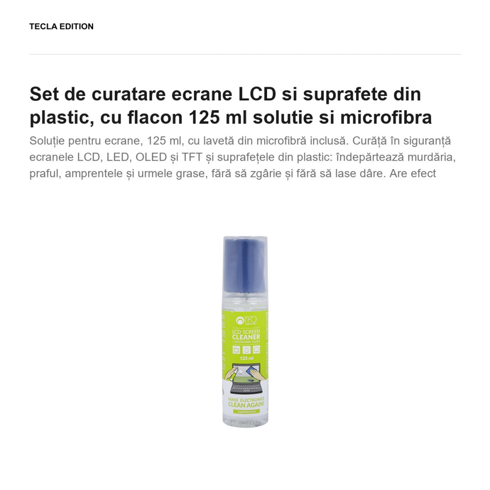 Set de curatare ecrane LCD si suprafete din plastic, cu flacon 125 ml solutie si  microfibra [2]