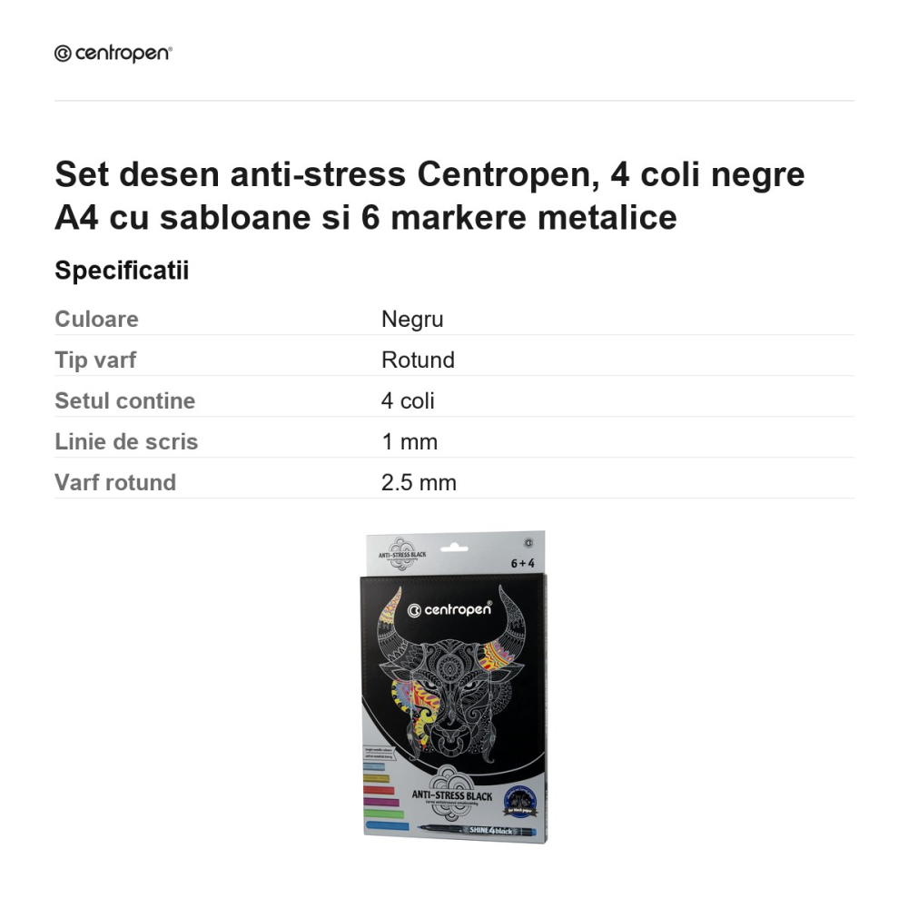 Set desen anti-stress Centropen, 4 coli negre A4 cu sabloane si 6 markere metalice [3]
