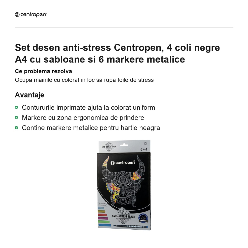 Set desen anti-stress Centropen, 4 coli negre A4 cu sabloane si 6 markere metalice [2]