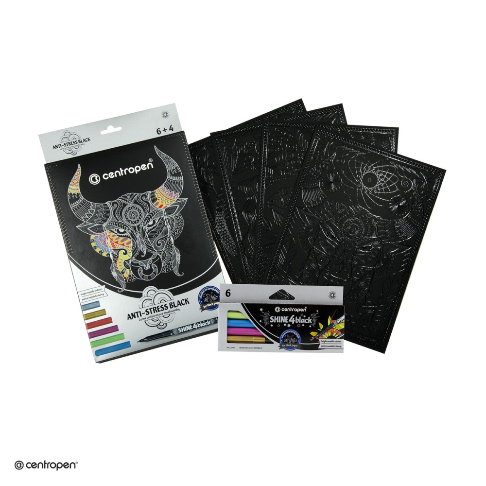 Set desen anti-stress Centropen, 4 coli negre A4 cu sabloane si 6 markere metalice [4]