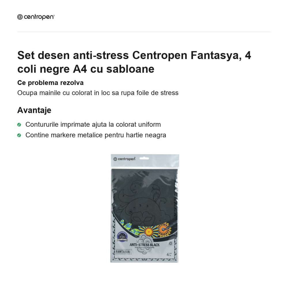 Set desen anti-stress Centropen Fantasya, 4 coli negre A4 cu sabloane [2]