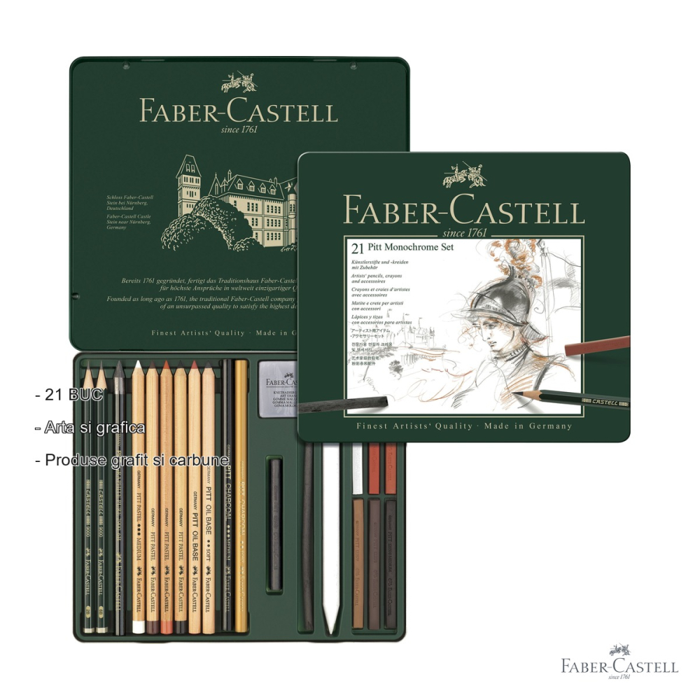 Set desen monochrome 21 piese Faber-Castell Pitt, creioane grafit, carbune si pastel, pentru artisti [2]