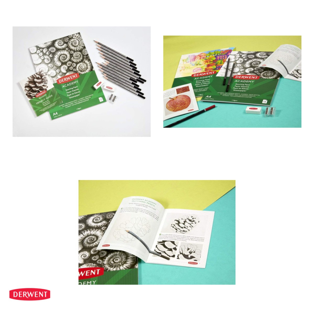 Set desen pentru incepatori Derwent Academy, 12 creioane grafit 6B-5H, hartie, ascutitoare si 2 radiere [4]