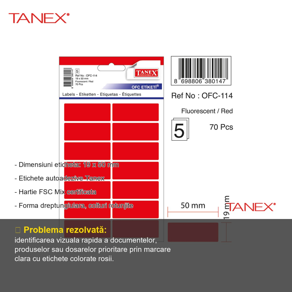 Set etichete autoadezive Tanex, 19x50 mm, colturi rotunde, rosu, 70 bucati/set, pentru organizare si marcare rapida [2]