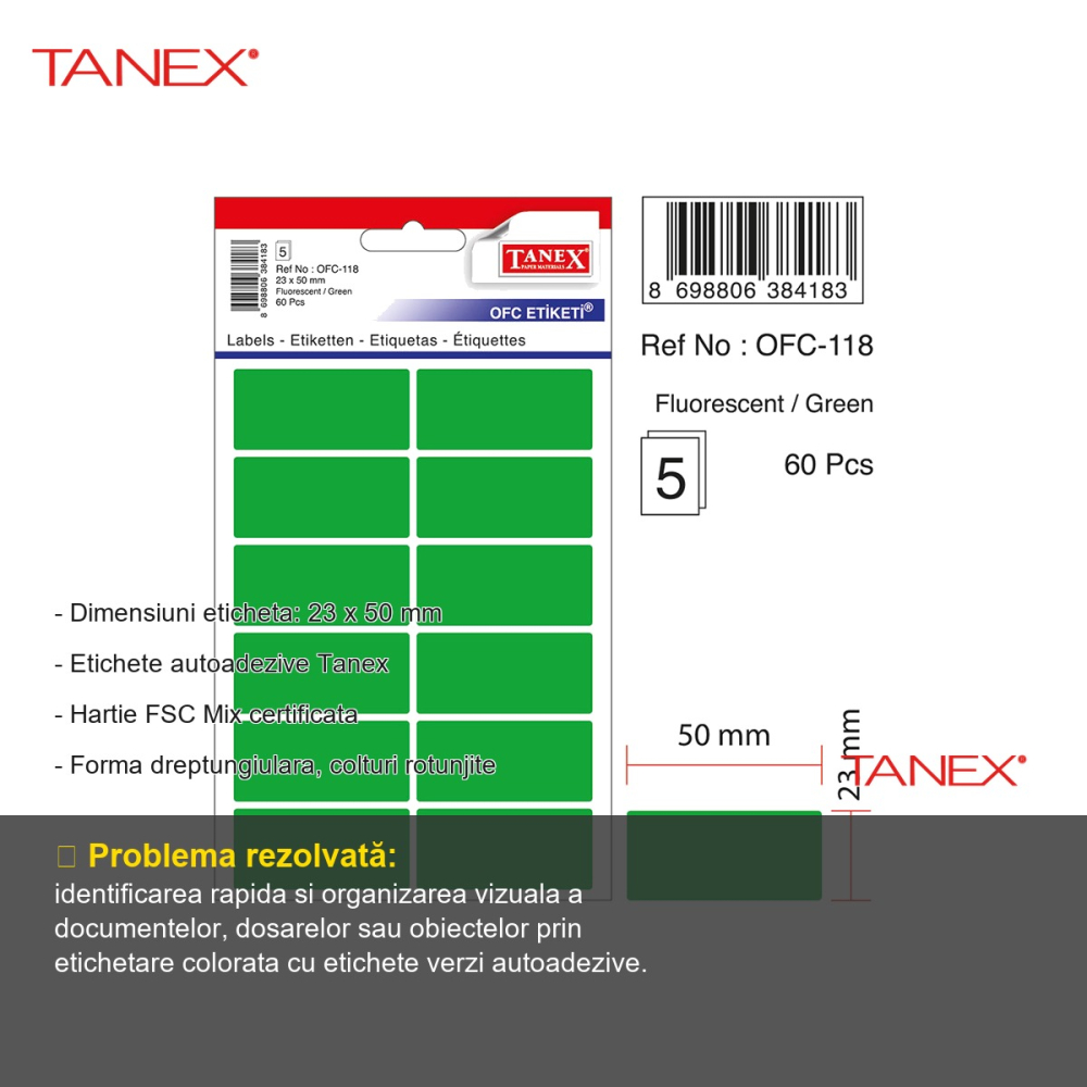 Set etichete autoadezive Tanex, 23x50 mm, colturi rotunjite, culoare verde, 60 bucati/set [2]