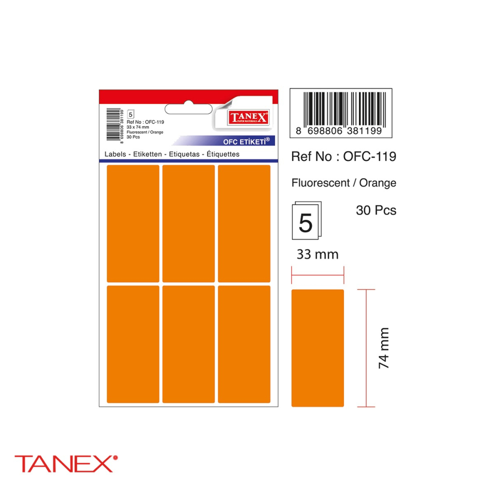 Set etichete autoadezive Tanex, 33x74 mm, portocalii, colturi rotunjite, hartie FSC certificata, 30 bucati/set [4]