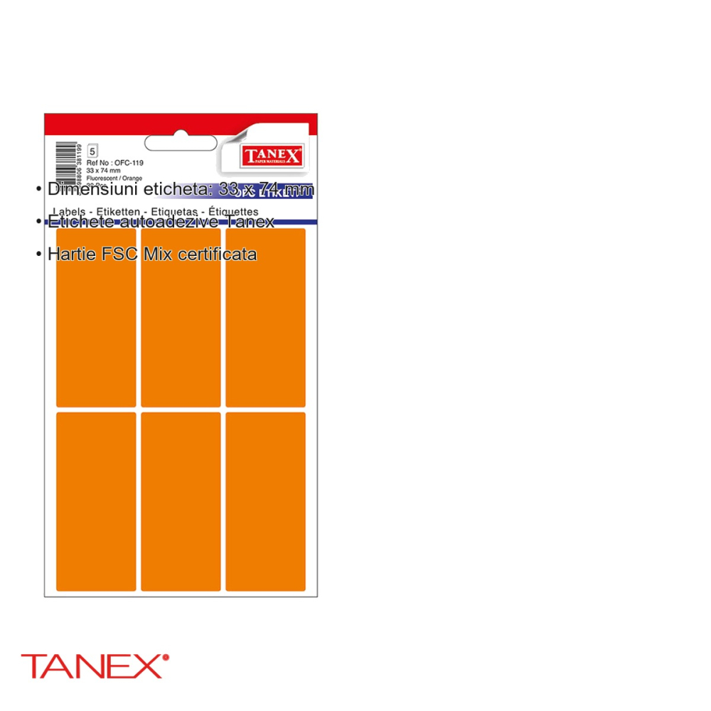 Set etichete autoadezive Tanex, 33x74 mm, portocalii, colturi rotunjite, hartie FSC certificata, 30 bucati/set [3]