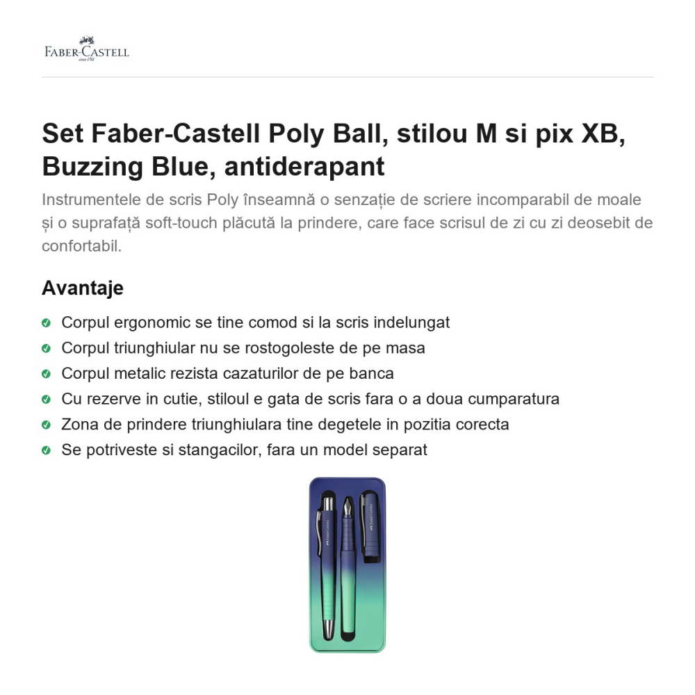 Set Faber-Castell Poly Ball, stilou M si pix XB, Buzzing Blue, antiderapant [2]