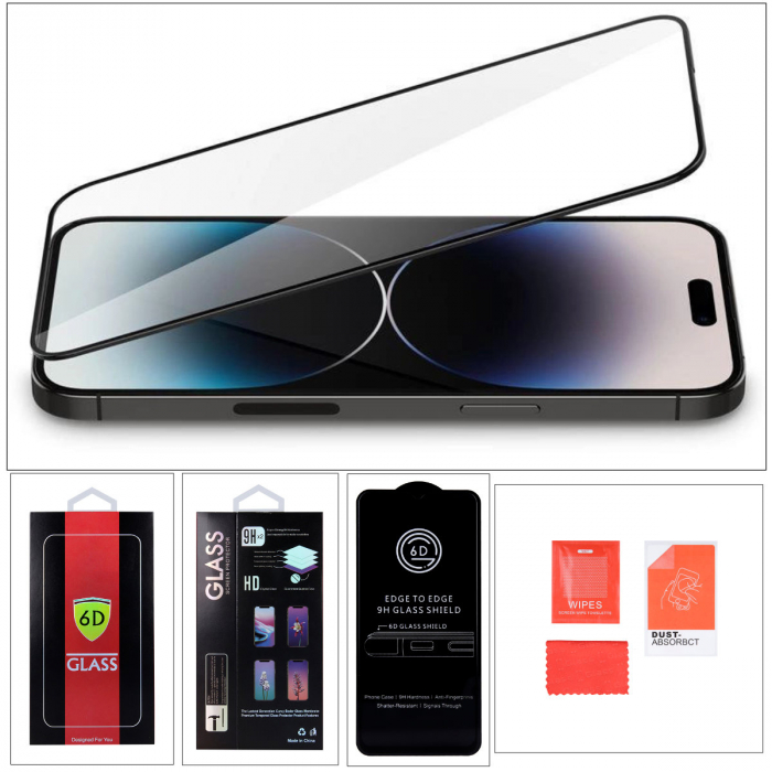 Set folie sticla securizata 6D, compatibila Oppo A78 5G / A58 5G / A58x, grosime 0.40 mm, duritate 9H, cu accesorii curatare si degresare, rama neagra, in blister [3]