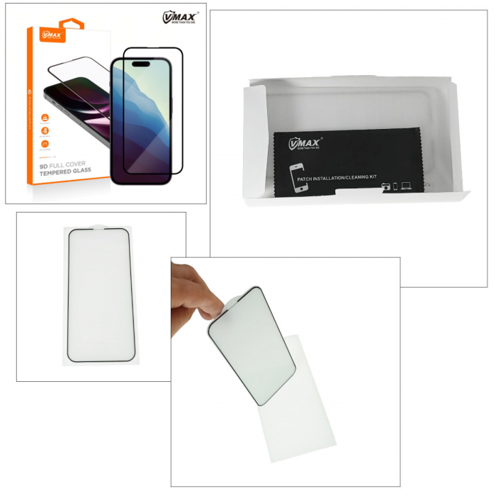 Set folie sticla securizata 9D Vmax, pentru iPhone 13 Pro Max, grosime 0.33 mm, duritate 9H, cu accesorii curatare si degresare, rama neagra, in blister [5]
