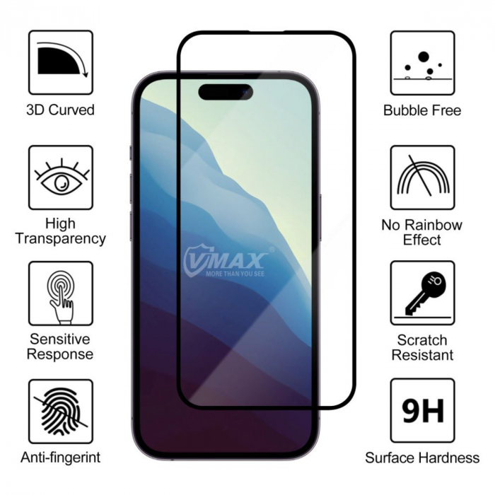 Set folie sticla securizata 9D Vmax, pentru iPhone 13 Pro Max, grosime 0.33 mm, duritate 9H, cu accesorii curatare si degresare, rama neagra, in blister [4]