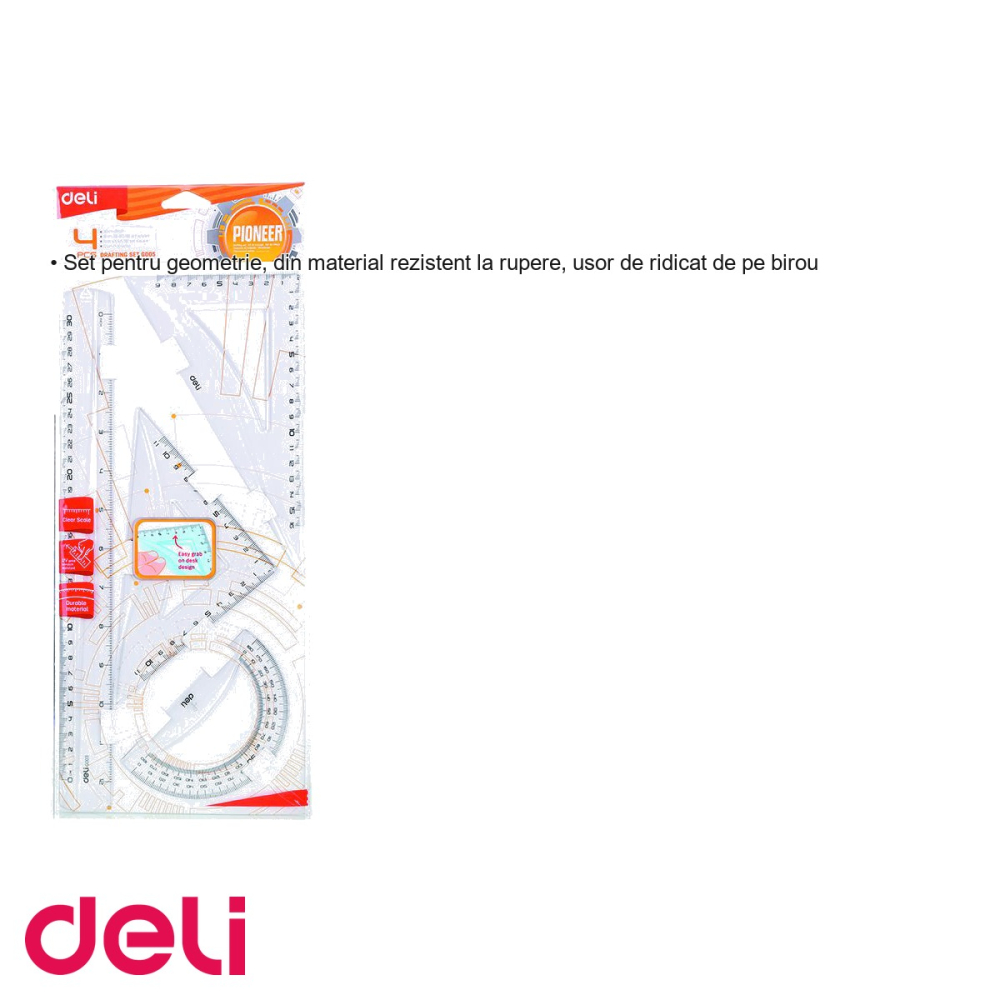 Set geometrie 4 piese transparent Deli, rigle si raportor rezistente, pentru scoala si birou [3]