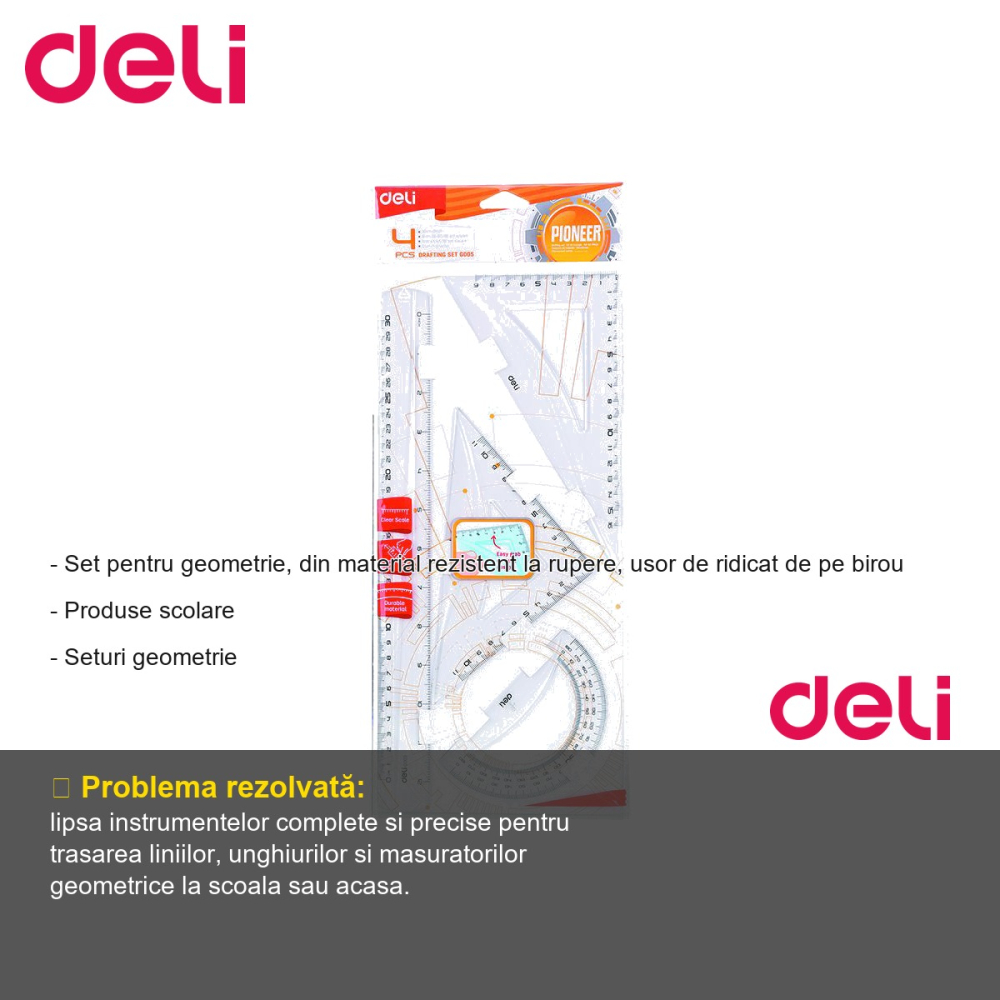 Set geometrie 4 piese transparent Deli, rigle si raportor rezistente, pentru scoala si birou [2]
