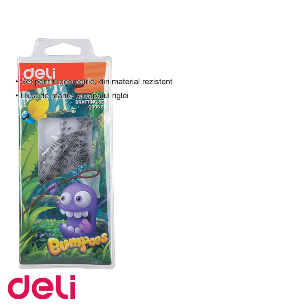 Set geometrie 4 piese transparente Deli Bumpees, cu lupa integrata, pentru scoala [3]