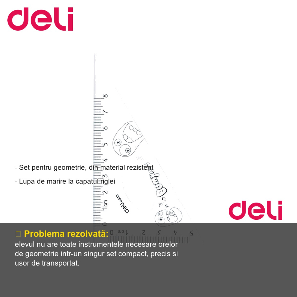 Set geometrie 4 piese transparente Deli Bumpees, cu lupa integrata, pentru scoala [2]