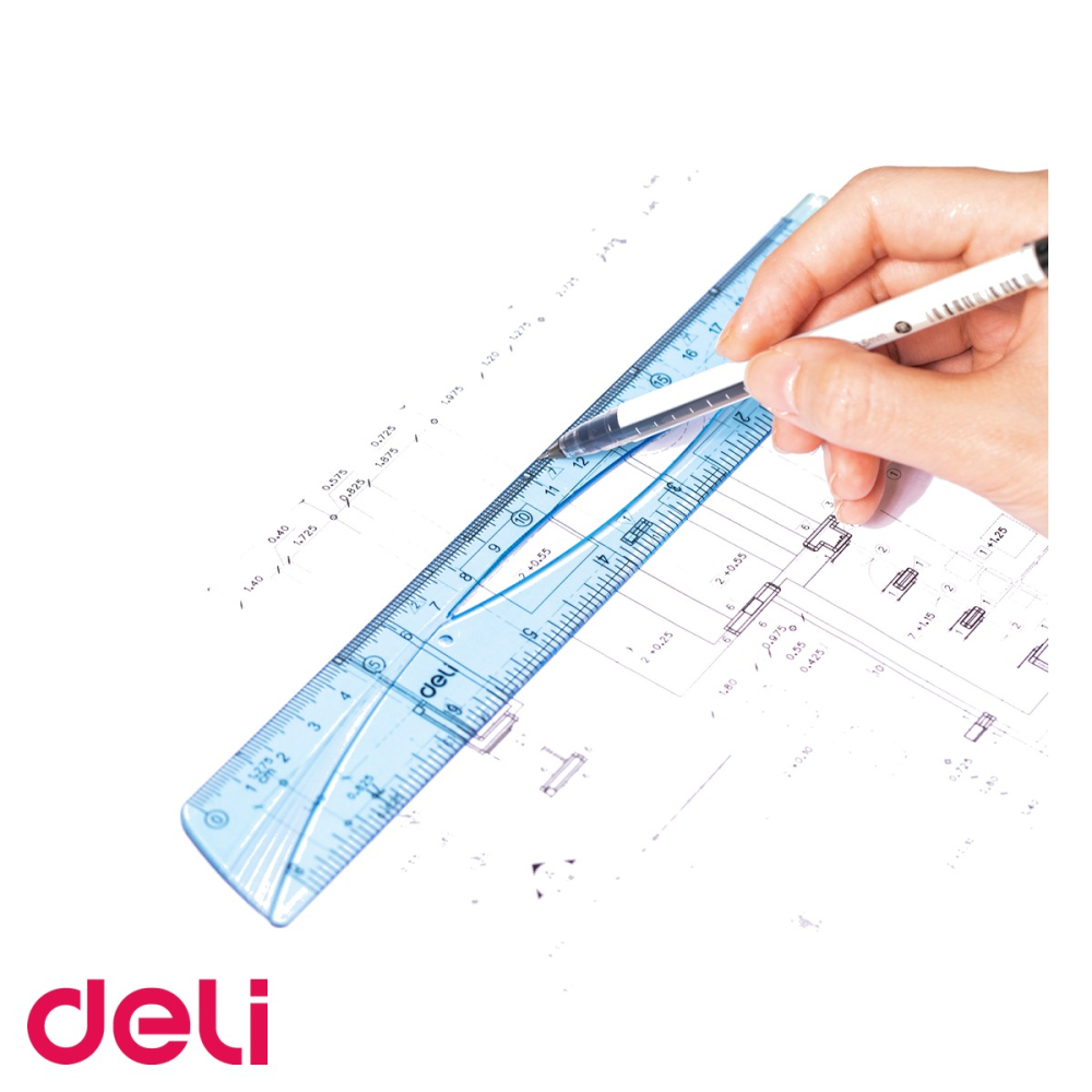 Set geometrie Deli 4 piese albastru transparent, rigla 20cm, echere si raportor, pentru scoala [5]
