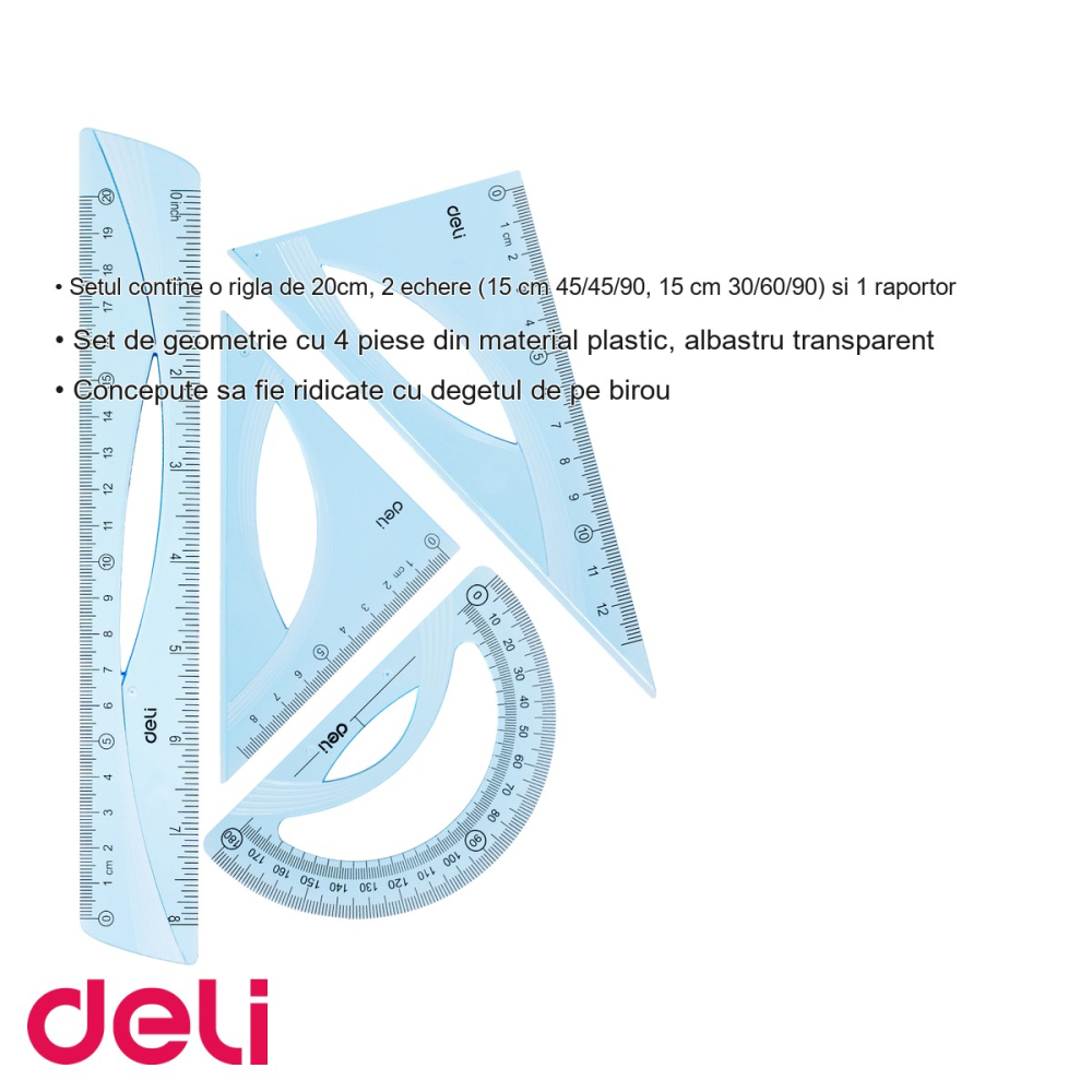 Set geometrie Deli 4 piese albastru transparent, rigla 20cm, echere si raportor, pentru scoala [3]