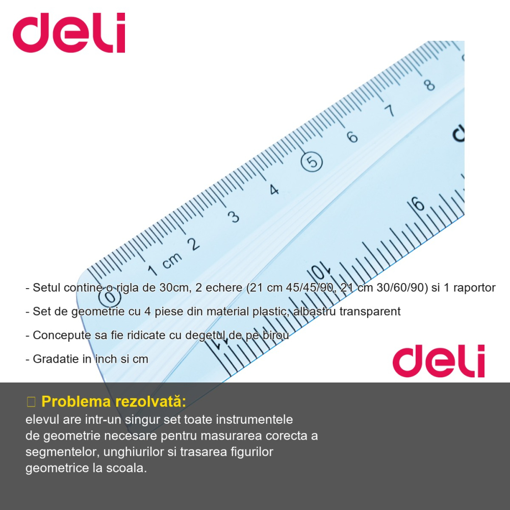 Set geometrie Deli 4 piese albastru transparent, rigla 30cm, echere si raportor, pentru scoala [2]