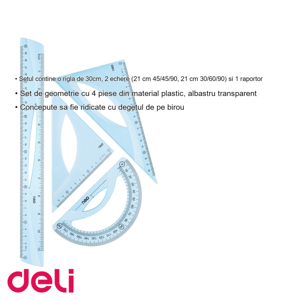Set geometrie Deli 4 piese albastru transparent, rigla 30cm, echere si raportor, pentru scoala [3]